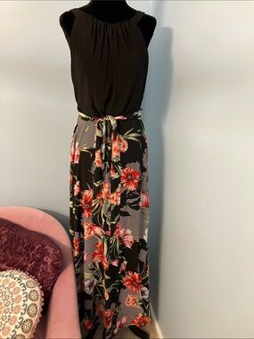R&K Black Maxi Dress with Red & Green Floral Skirt
